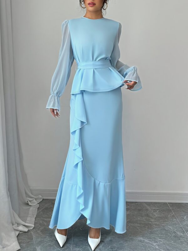 Women'S Elegant Two-Piece Solid Color Outfit - a Chic Blue Midi Dress with Ruffle Detail And a Long Sleeve Blouse, Perfect for Spring/Summer, Commuting Attire|Ruffle Detail Top|Asymmetric Hemline, Dress - Image 9
