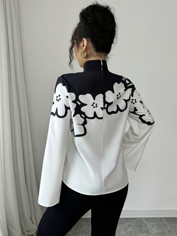 Elegant Floral Print Long Sleeve Stand Collar Shirt for Women - Polyester, Flutter Sleeve, Zipper Closure, All Seasons, Adult Size, Woven Fabric, 120 g/m² - Image 2