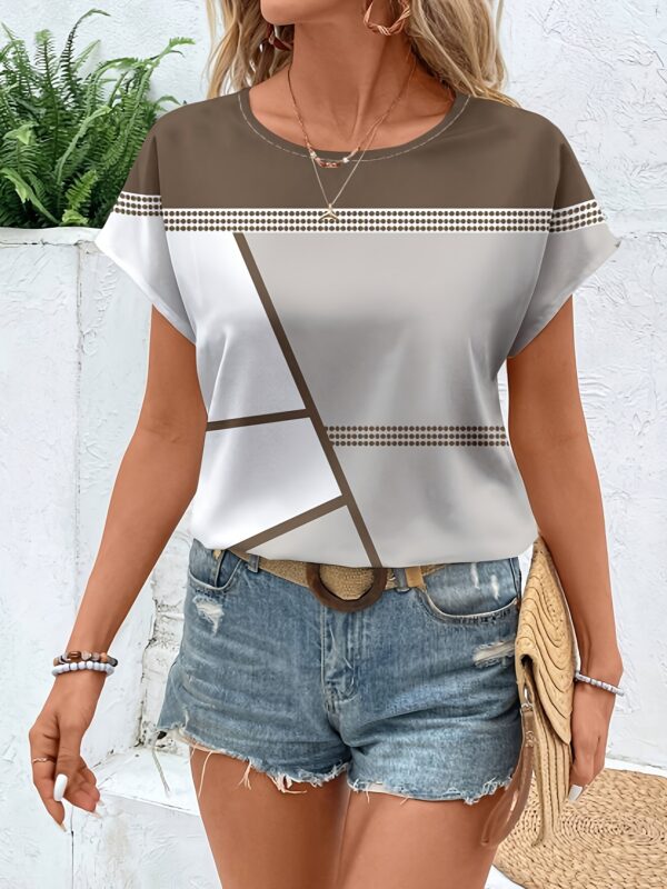 Women'S Casual Geometric Pattern Blouse - Short Sleeve, Round Neck, White with Brown & Black Design, Perfect for Spring/Summer/Fall, Summer Fashion Top | Geometric Blouse | Stylish Blouse - Image 5