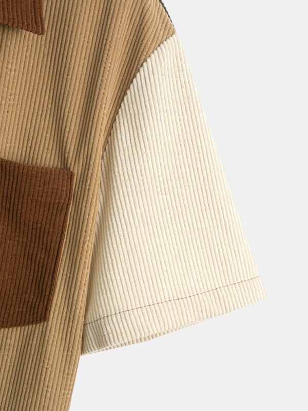 Men's Stylish Color Block Corduroy Button-Up Shirt with Chest Pocket - Short Sleeve, Olive Green & Beige Two-Tone Design, Casual Summer Wear for Everyday & Parties - Image 5