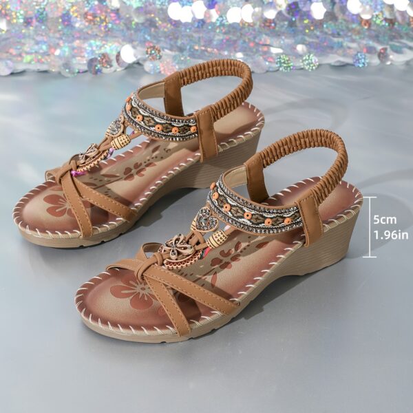 Bohemian Style Summer Women's Sandals, Classic Soft Sole Wedge Heel With Rhinestone Bead Embellishments, Vintage Vacation Shoes - Image 15
