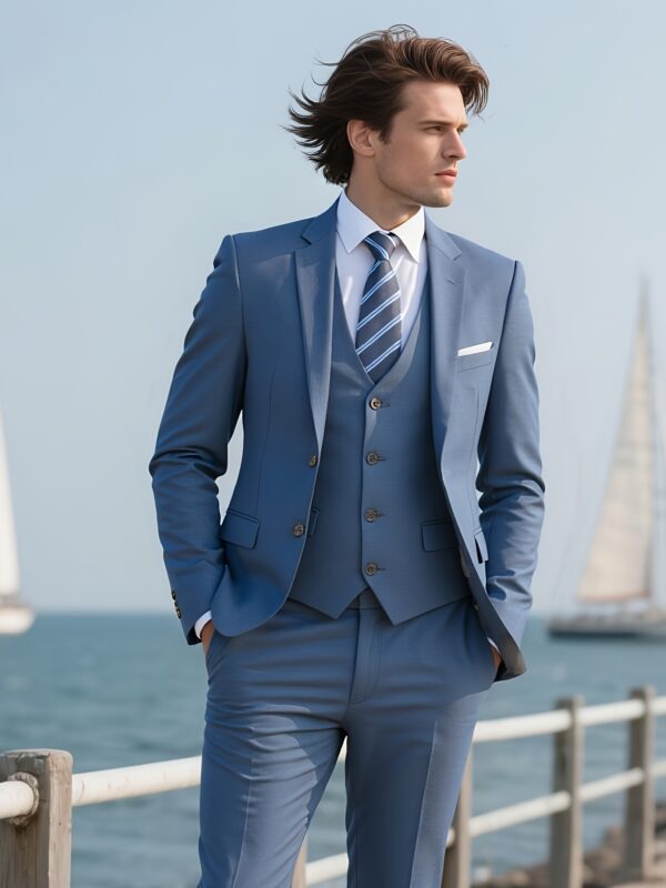 Men'S Navy Blue Three-Piece Suit with Brown Jacket, White Shirt, and Brown Dress Pants - Stylish Casual Attire for All Seasons, Casual Attire|Casual Style|Button Detail - Image 2