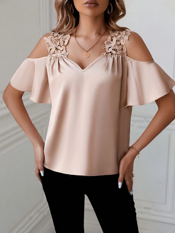 Women'S Off-Shoulder Lace Trim Blouse - Pink V-Neck Short Sleeve Shirting Top with Contrast Lace Detail, Summer Fashion for Adults, Adult Fashion Top | Lace Detailing | Vneck Collar, Lace Blouse - Image 22