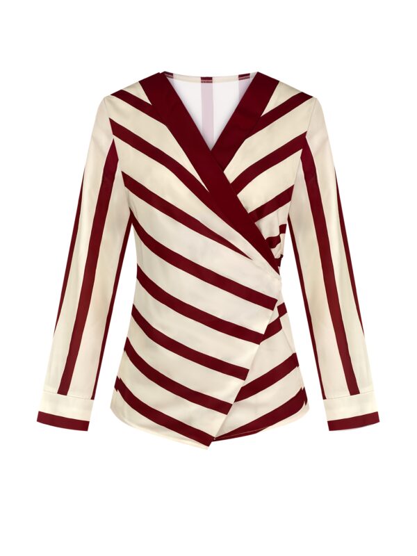 Women's Chic Striped V-Neck Blouse with Lace-Up Detail - Long Sleeve, Red & Cream Horizontal Stripes, Polyester Fabric, Perfect for Spring/Summer Commute or Casual Wear, Ladies Blouses - Image 2