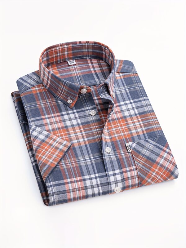1pc Men'S Cotton Plaid Short Sleeve Shirt - Summer Casual Business Casual with Chest Pockets, Durable & Comfortable, Non-Stretch Fabric, Regular Fit, Blue/White/Orange/Black Checkered Pattern, Perfect for Weekend Outings, Casual Summer Wear | Checkered Pattern Shirt | Comfortable Fit Shirt - Image 6