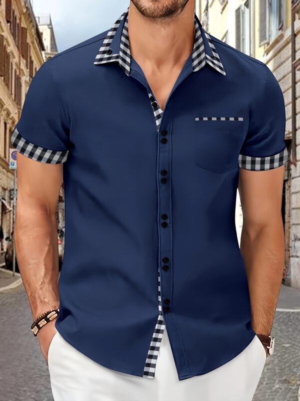Men's Summer Short Sleeve Plaid Button Shirt with Patchwork Pockets Casual Shirt - Image 4