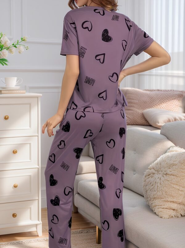 Women'S Short Sleeve Pajama Set with Love and Bow Pattern, Casual Home Wear - Image 4