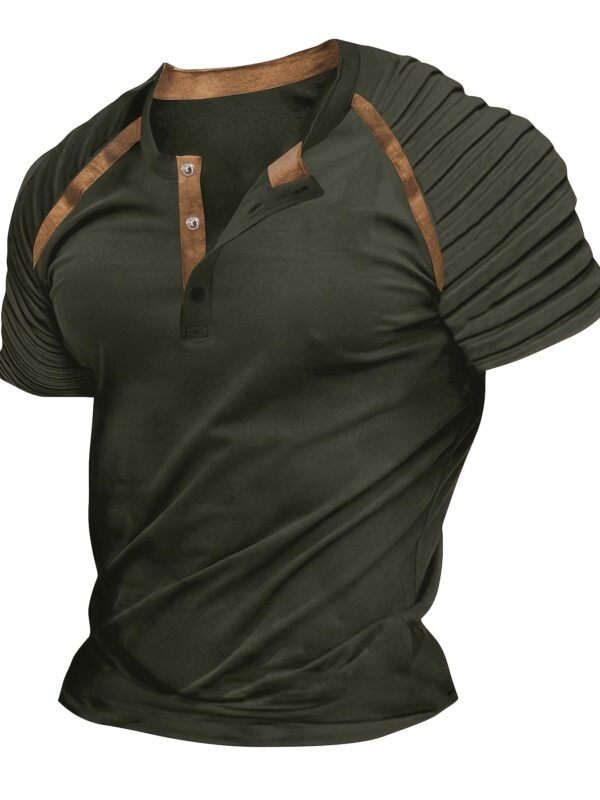 1pc Men'S Summer Casual Short Sleeve T-Shirt, Striped Knit Polyester Fabric, Regular Fit, with Pleated Design, Asymmetric Hem, Button-Down Half Collar for Fashionable Streetwear - Image 7