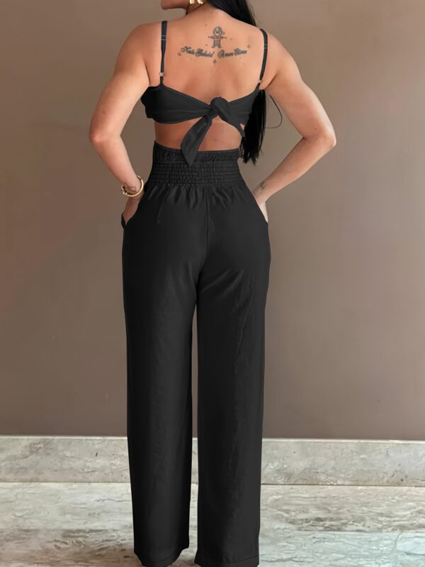 Women's Mint Green Casual Jumpsuit - Thin Strap Top & Wide-Leg Pants with Bow Detail, Solid Color Non-Stretch Fabric, Machine Washable All-Season Outfit, Summer Fashion, Sophisticated Design, Casual Attire, Lightweight Fabric, Stylish Romper, Fashion Lovers - Image 6
