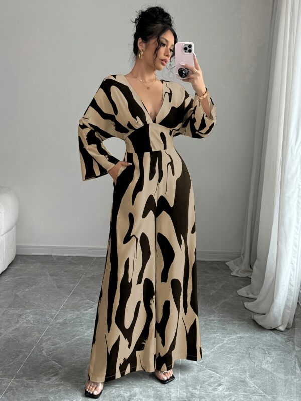 Women'S Elegant Black and White Abstract Print Jumpsuit - V-Neck, Long Sleeve, Wide Leg, Casual Party Wear for Spring/Summer, Casual Party Attire|Vneck Jumpsuit|Polyester Fabric - Image 7