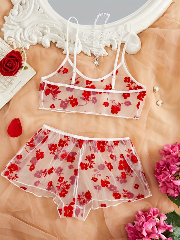 Women'S Sexy Lingerie - Sheer Mesh Cami Top & Boyshorts Panty, Light Support, Open Crotch Design, Floral Print, No Padding, Mid Rise Style, Perfect for Adult Entertainmen - Image 2