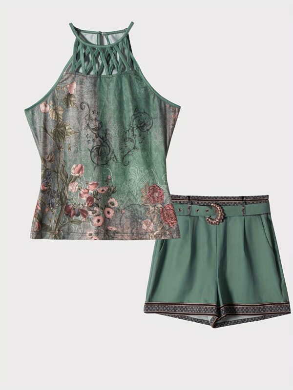 Women'S Elegant Commuter Outfit: Floral Print Top with a Two-Piece Set, Including a Vest And Solid Color Shorts, Perfect for Spring And Summer. - Image 5