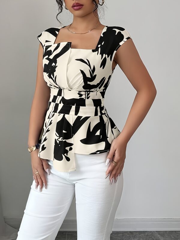 Elegant Women'S Floral Print Blouse with Ruched Detail - Sleeveless, V-Neck, White & Navy Blue Design, Perfect for Spring/Summer, Stylish and Versatile Top, Ladies Blouses