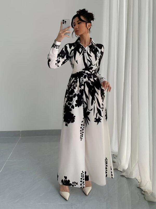 Women's leaf print shirt collar jumpsuit, long sleeve tie waist jumpsuit - Image 2