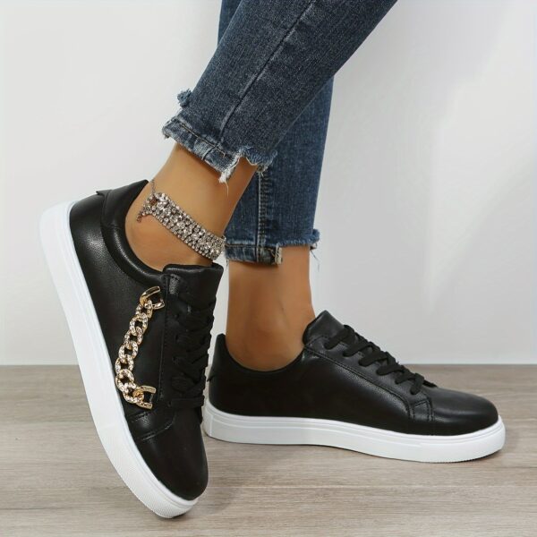 Women's Low-Top White Sneakers with Golden-Tone Chain Accents - Upper, Breathable Mesh Lining & TPR Sole - All-Season Casual Shoes for Casual Attire, Ladies Sneakers, Versatile Footwear, Trendy Footwear, Comfortable Fit, Urban Lifestyle - Image 6