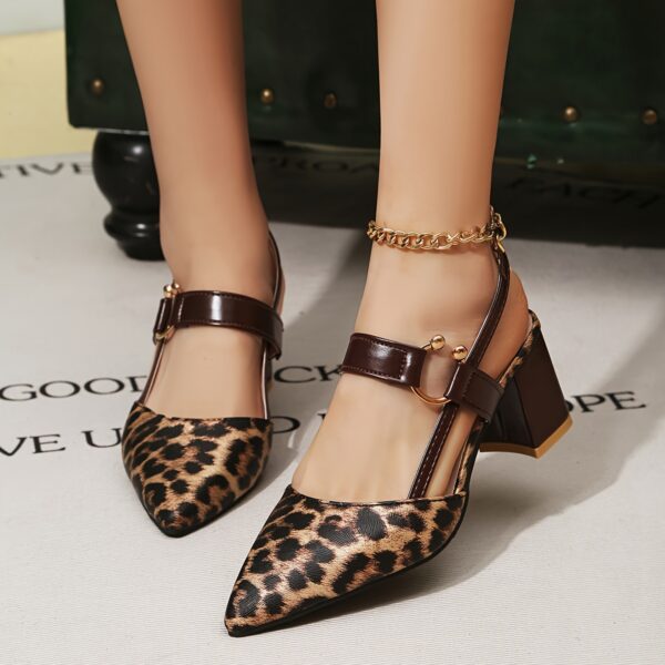 Women's Leopard Print Pointed-Toe High Heel Slip-On Shoes - Chunky Block Heel, Synthetic Cover Upper & PU Sole, Comfortable Pull-On Design for Autumn Fashion, Leopard Print Heels, Comfortable Fashion Footwear