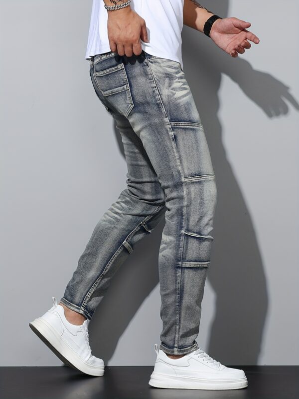 Men's Blue Stretch Denim Jeans - Regular Fit Streetwear Style with Mid-Stretch Comfort, Machine Washable, All-Season Casual Pants for Urban Fashion, Comfortable Fashion - Image 5
