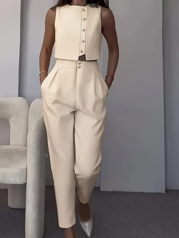 Elegant Beige Sleeveless Office Suit for Women - Chic Pants and Vest Combo with Button Details, Perfect for Summer Commute, Office Attire|Sleek Formal Attire|Smooth Texture Fabric - Image 4