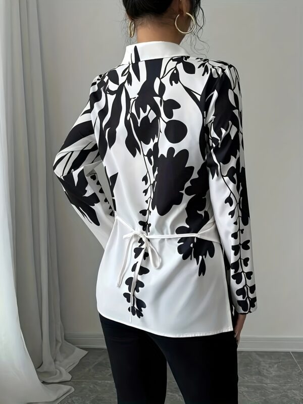 Women's Elegant 3D Floral Print Cross-Tie Blouse - Square Neck Long Sleeve Shirt, Machine Washable Non-See-Through Fabric for Spring Summer Fall, Casual & Formal Wear, Floral Print Blouse, Seasonal Fashion Top, Singlesided Button Closure - Image 4