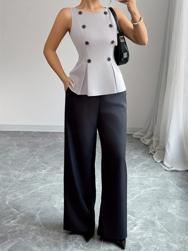 2pcs set: Women's solid color sleeveless crop top with button detailing, paired with contrasting pants for a slim and fitted look