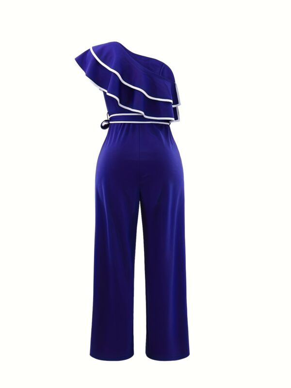 Elegant Women's One-Shoulder Ruffle Jumpsuit - Chic Purple Sleeveless Wide-Leg with Tie Waist, Polyester & Spandex Blend, Perfect for Spring/Summer/Fall - Image 3