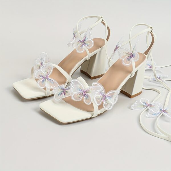 Women's high-heeled sandals, plain square head, thick heel, lace-up butterfly, fashionable and sexy, showing long legs - Image 8