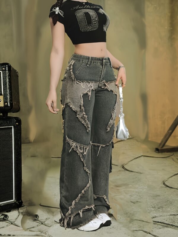 Women'S Distressed Denim Wide-Leg Pants - Non-Stretch Geometric Pattern Applique, Elegant Casual Style, All-Season Comfort Fit with White Sneakers, Allseason Jeans | Relaxed Fit Jeans | Nonstretch Fabric - Image 8