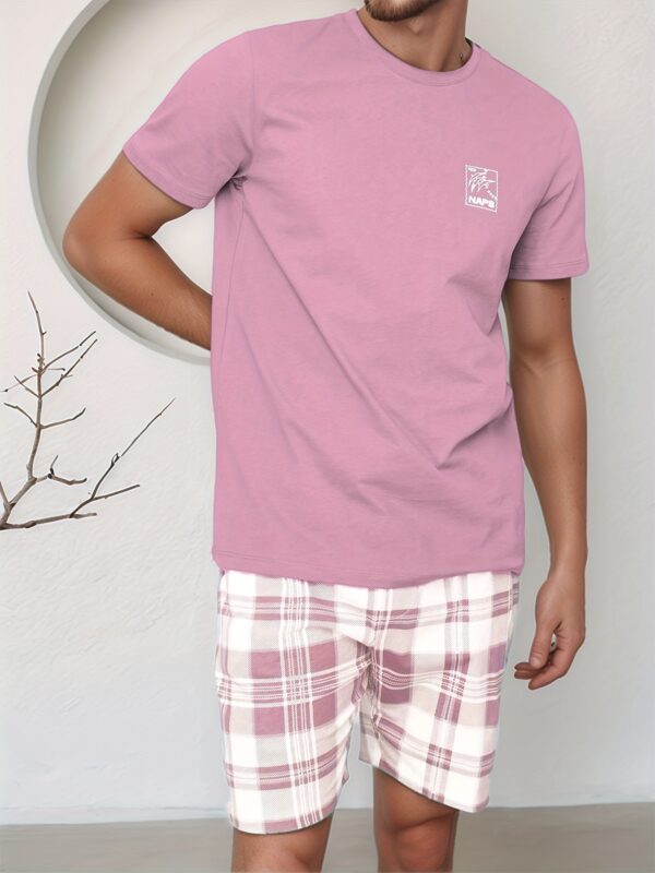 Spring, Summer, and Autumn Men's Fashion Casual Pajama Set with Plaid Print Pants, Polyester Blend, Comfortable Short Sleeve and Shorts Two-Piece Set - Image 4