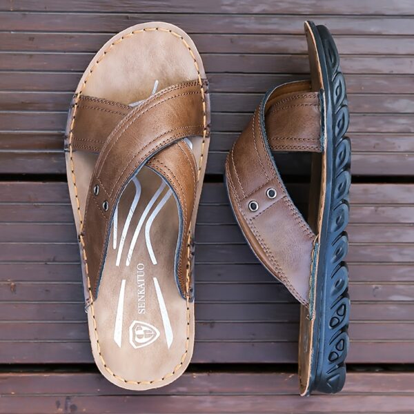 Plus Size Men's Open Toe Breathable Cross Straps Slippers, Comfy Non Slip Rubber Sole Top Grain Leather Upper Beach Water Shoes, Summer - Image 8