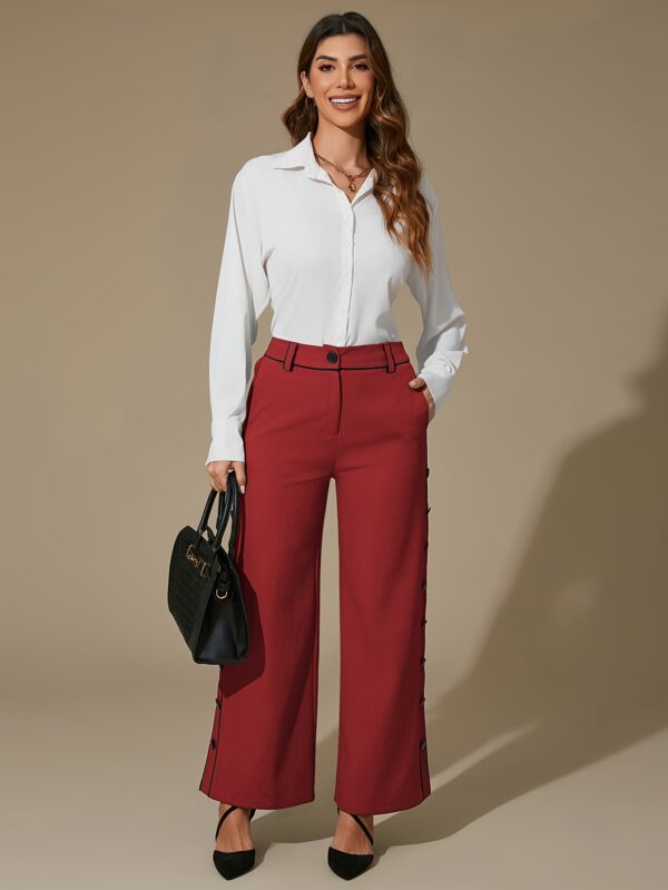 DIQIUVY Women'S Elegant All-Season Solid Color Wide Leg Pants, Polyester 95% Elastane 5% Blend, Regular Fit with Side Slit and Button Detail, Mature Zipper Fly Long Trousers for Office Wear - Image 7
