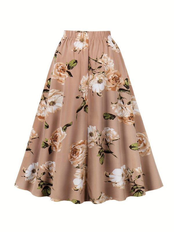 Elegant Floral Print Midi Skirt with Belt - High Waist, Non-Stretch Polyester, Machine Washable - Perfect for Spring/Summer Fashion - Image 2