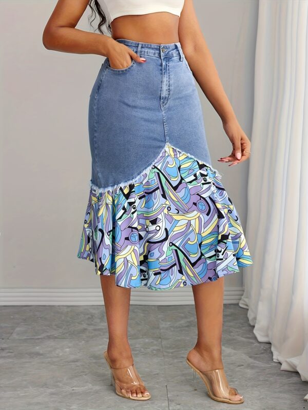 Vintage Stretch Denim Midi Skirt with Chiffon Overlay and Unique Asymmetrical Hem - Mid-Rise, Fishtail Design, Machine Washable - Light Blue to Dark Purple Gradient, Abstract Patterns, Spring/Summer/Fall Women’s Fashion, Fall Casual Wear | Comfortable Midrise - Image 3