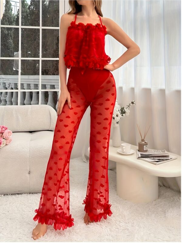 Sexy Lace Patchwork Halter Neck Pleated Lace Heart Print Pajama Set Two Pieces, Top + Pants - Image 3
