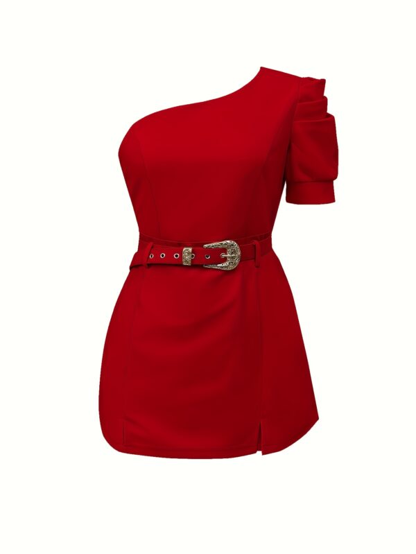 Elegant One-Shoulder Ruched Jumpsuit for Women with Belt - Solid Color Red, High-Waisted Wide-Leg Design, Perfect for Summer Parties & Commuting, Adult Fashion, Evening Wear, Sophisticated Style, Quality Tailoring - Image 4