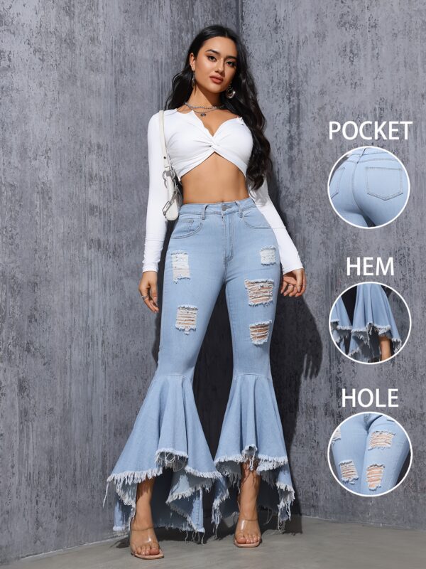 Ripped Raw Hem Flare Leg Bell Bottom Stylish Distressed Plain Washed Blue Elegant Jeans Denim Pants, Women's Denim Jeans & Clothing For Autumn