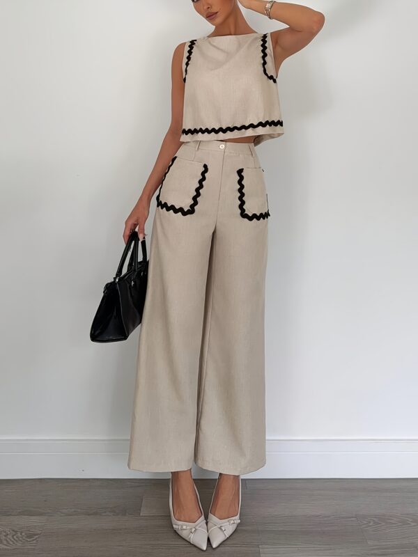 Women'S Summer 2pcs Set, Contrast Trim Blouse and Loose-Fitting Pants, Perfect for Daily Wear, Office, and Commuting, Casual Attire|Contrast Trim Top|Loose Fit Pants - Image 4