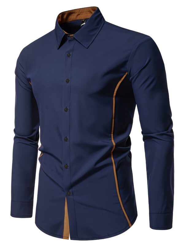 Men'S Slimming Line Long Sleeve Shirt - Stylish Solid Color with Contrast Binding, Three-Dimensional Design, Perfect for Casual Attire in Spring, Summer, and Autumn, Business Casual Shirt | Modern Casual Shirt | Durable Fabri