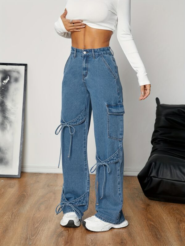 Women'S Casual Straight-Leg Denim Jeans with Adjustable Bow Tie Waist, Loose Fit Wide-Leg Pants, Non-Stretch Fabric, Spring/Fall Season, Casual Wear Jeans | Relaxed Fit Jeans | Nonstretch Fabric - Image 9
