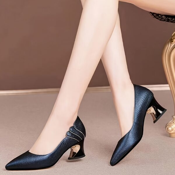 Women's Deep Blue Pointed-Toe Mid-Heel Pumps - Elegant Fabric Upper with Golden Accents, Comfortable Rubber Sole & Synthetic Cover Lining for Autumn Office & Formal Events - Image 2