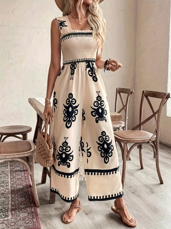 Women'S Casual Summer Jumpsuit - Square Neck, Wide Leg, Floral Print, Beige with Black Accents, Polyester, Perfect for Vacation and Leisure, Casual Summer Wear|Floral Print Jumpsuit|Polyester Fabric