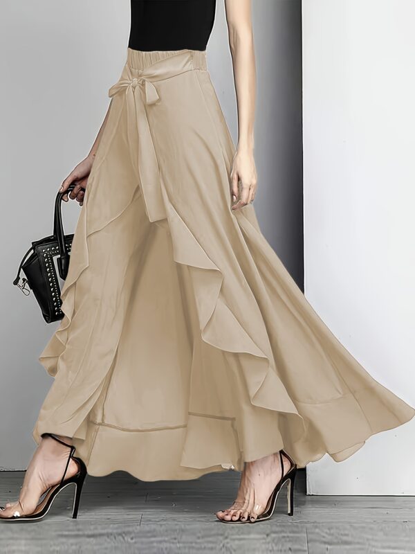 Women'S Light Blue Ruffle Hem Maxi Pants - Casual Solid Color Straight Leg with Belt Detail, Flowy Design for All Seasons, Polyester Fabri - Image 9