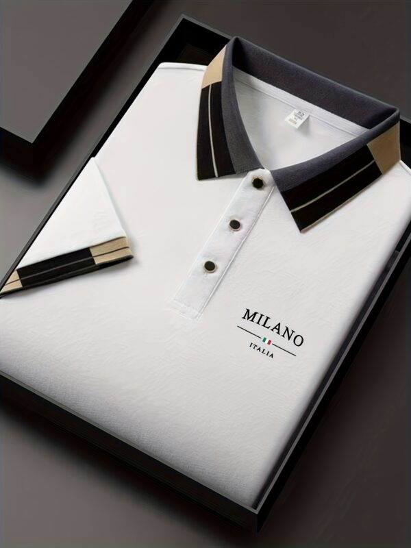 Men'S Lightweight Soft Polo Shirt with "MILANO ITALIA" Letter Print - Breathable Summer Casual & Business Wear, Regular Fit, Button-Up Collar, Perfect for Vacation & Everyday Use, Vacation Clothing, Stylish Contrast Design, Soft Fabric Shirt
