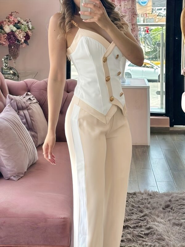 New Fashionable Slimming Color-Blocking Double-Buckle Suspender Straight Pants - Image 6