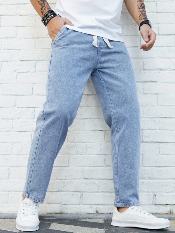 Washed Denim Trousers for Men, Spring and Autumn Trendy Brand, Loose Straight Fit with Elastic Waist and Drawstring, Versatile and Fashionable, Japanese Style, Casual Nine-Fifth Trousers for Spring, Gengyuanshi - Image 2