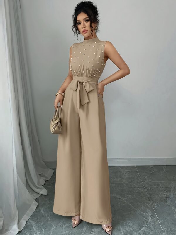 Women's Elegant Beaded Pearl Sleeveless Top & Wide-Leg Pants Jumpsuit - Stand Collar Beige All-Season Machine Washable Polyester for Concerts, Weddings, Daily Commute - Image 7