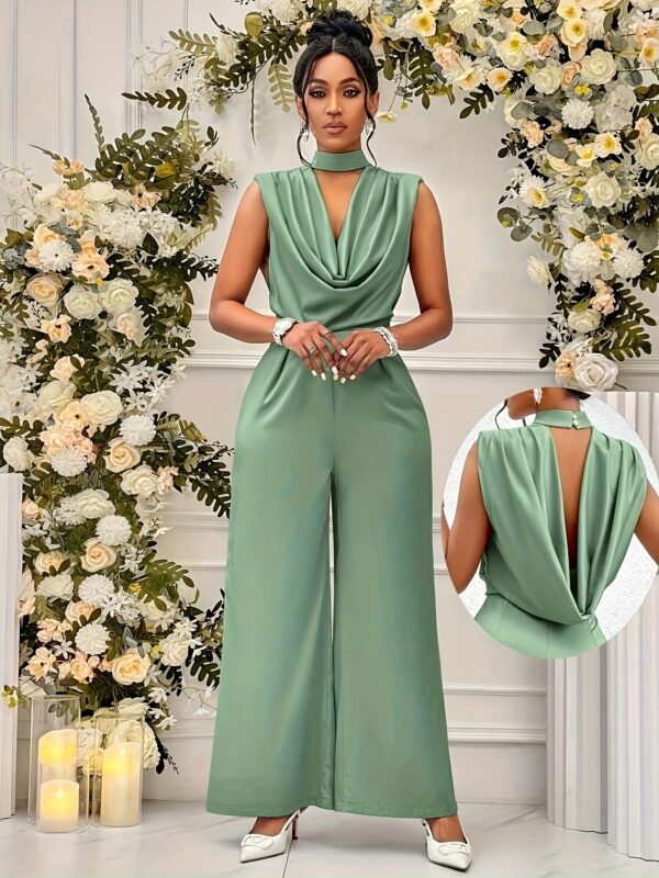 Women's Elegant High-Waisted Sleeveless Wide-Leg Jumpsuit - Beige Stand Collar Non-Stretch Machine Washable All-Season Versatile Outfit for Casual & Formal Events (NS702), Event Clothing | Sophisticated Style | Sophisticated Cut, Ladies Rompers And Jumpsuits