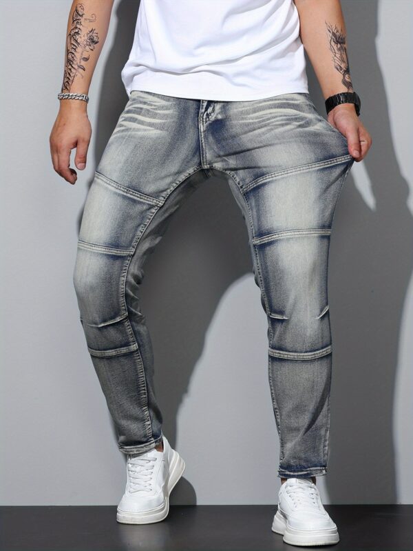 Men's Blue Stretch Denim Jeans - Regular Fit Streetwear Style with Mid-Stretch Comfort, Machine Washable, All-Season Casual Pants for Urban Fashion, Comfortable Fashion - Image 4