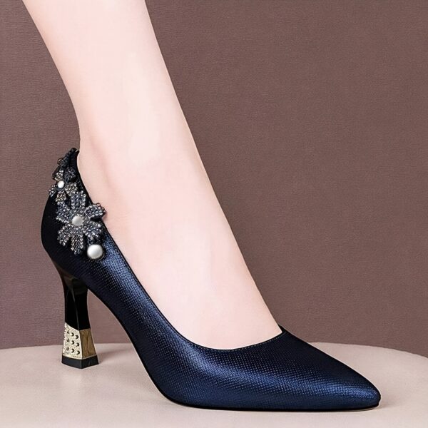 Elegant Navy Blue Pointed-Toe Pumps for Women - Chunky Heel, Fabric Upper with Floral Embellishments, Comfortable Rubber Sole, Perfect for Fall Fashion, Formal Footwear | Floral Embellished Shoes | Durable Footwear