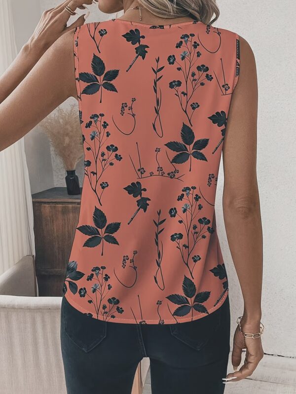 Women'S Elegant V-Neck Sleeveless Blouse with Vibrant Coral Floral Print - Casual Chic Top for Spring/Summer/Fall, Polyester Fabric, Perfect for Casual Attire, Ladies Blouses - Image 2