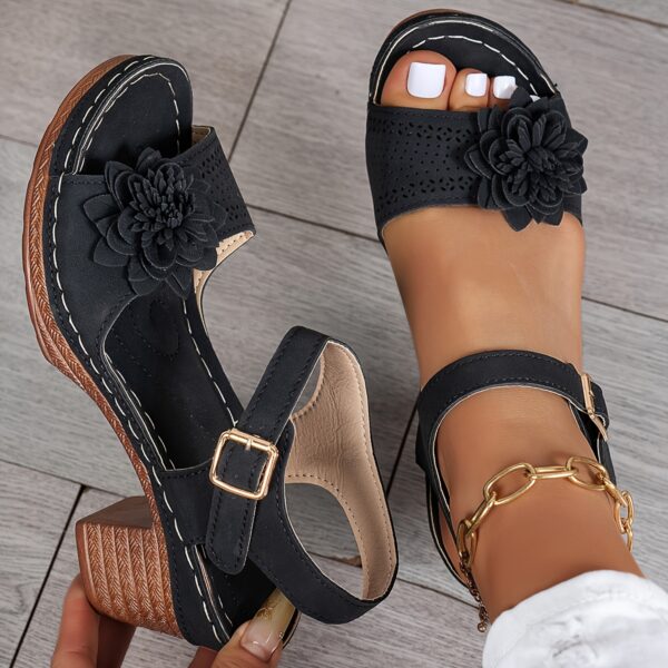 Women’s Floral Wedge Sandals - Peep Toe, Ankle Strap Platform Shoes with 7.62-10.16 cm Heel Brown, Blue & Black - Comfortable Summer Footwear for Casual or Outdoor Wear - Image 6